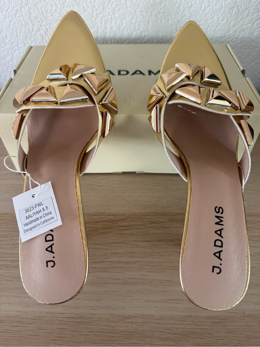 Adams Gold Pointed Toe Slip-On Mules with Metallic Stud Accents